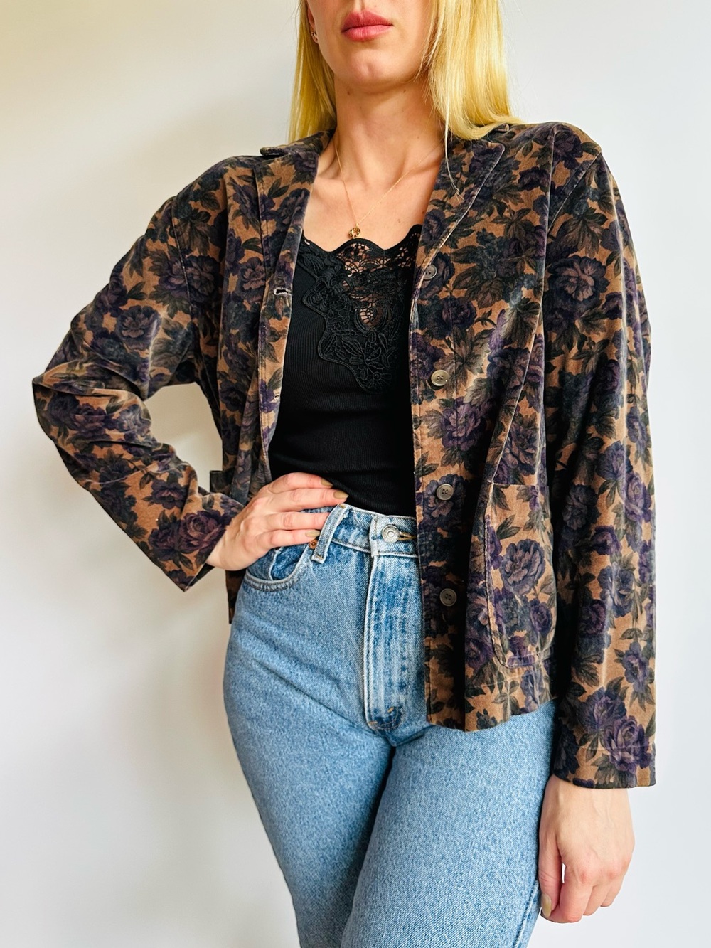 Vintage Jones New York Sport Floral Velvet Blazer Jacket Cottagecore Boho Cotton